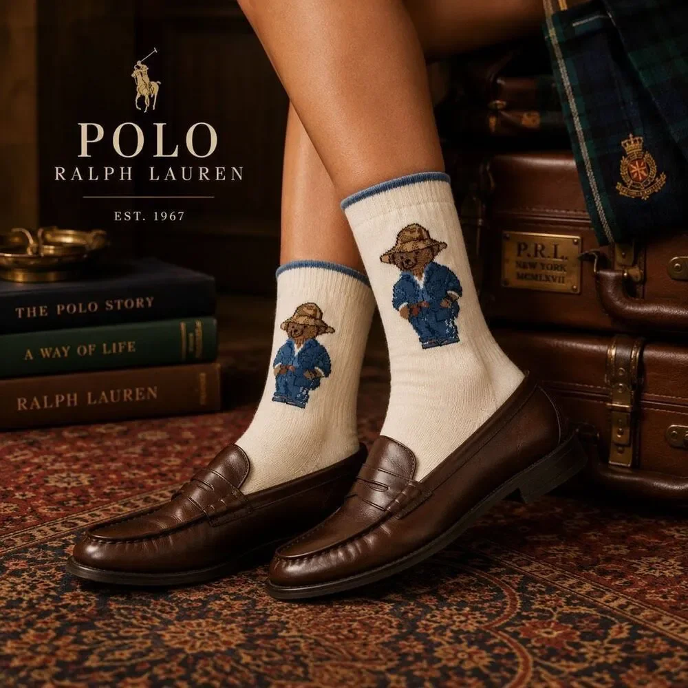 Ralph Lauren Polo Bear Women’s Socks Ivory Blue NWT Sock Size 9-11